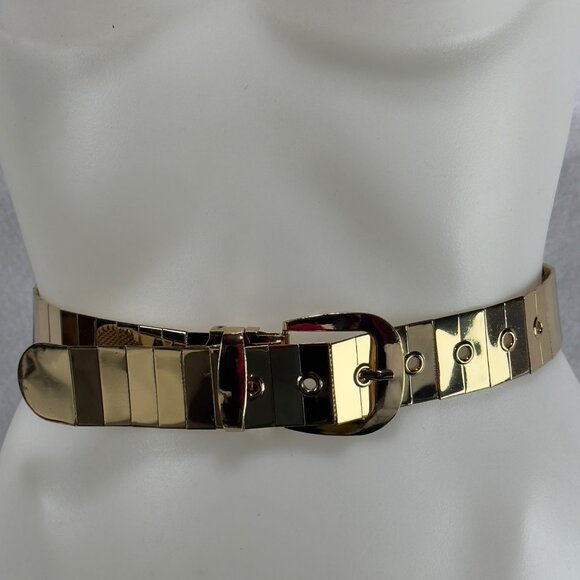 Women's Gold Metallic Adjustable Belt Modern Rectangular Design Polished Buckle - Picture 1 of 12